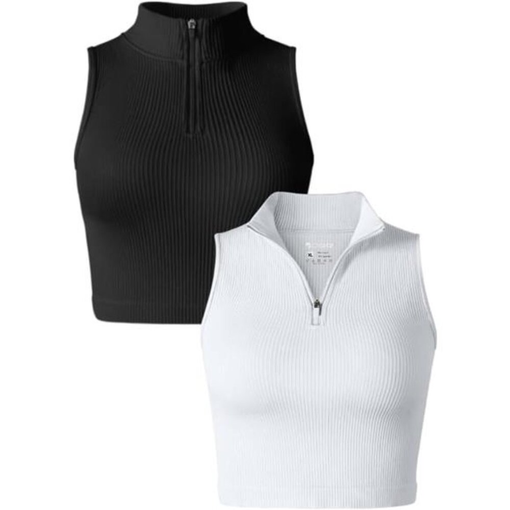 Women's 2 Piece Tank Tops Sleeveless Zip Basic Stretch Tee Shirts Crop